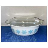 Pyrex Snowflake Turquoise on White Casserole Dish