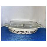 Vintage Pyrex Golden Acorn Divided Casserole Dish