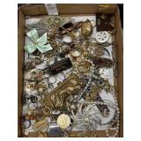 Flat of vintage pins, other jewelry, sewing kit