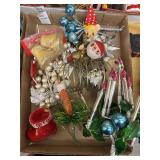 Flat of vintage Christmas picks and misc decor