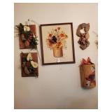Crewel picture, 2 fruit plaques, cardinal wooden