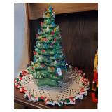 Ceramic light up Christmas tree snd crochet doily