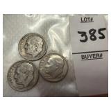 Three 1951 U.S. Roosevelt dimes