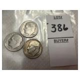 Three 1950 U.S. Roosevelt dimes