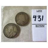 1910 and 1919 Canadian 25-cent silver coins