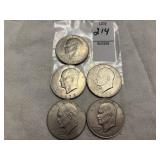 Five Eisenhower "Ike" one-dollar coins