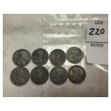 Eight 1943 US steel Lincoln wheat pennies