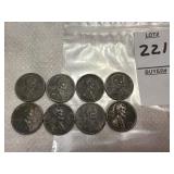Eight 1943 US steel Lincoln wheat pennies