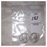 Two Silver Washington quarters