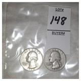 Two Silver Washington quarters
