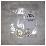 Two Silver Washington quarters