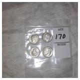 Four silver Roosevelt dimes