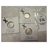 Three 1963-D U.S. Roosevelt dimes