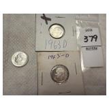 1964 and two 1963-D U.S. Roosevelt dimes