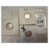 Three 1963-D U.S. Roosevelt dimes