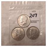 Three US Kennedy Half Dollars,40% silver