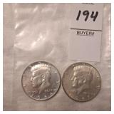 Two US Kennedy Half Dollars,40% silver