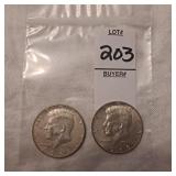 Two US Kennedy Half Dollars,40% silver