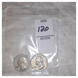 Two Silver Washington quarters
