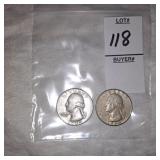 Two Silver Washington quarters