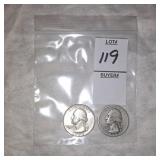 Two Silver Washington quarters