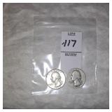 Two Silver Washington quarters