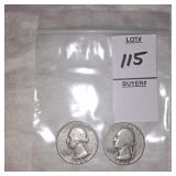 Two Silver Washington quarters