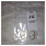 Two Silver Washington quarters