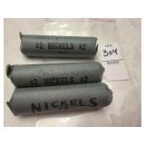 Three rolls of 1940 US nickels