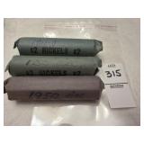 Two rolls of 1950 and one roll of 1951 US nickels