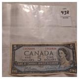 Circulated 1954 Bank of Canada $5 banknote
