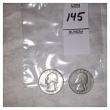 Two Silver Washington quarters