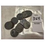 Thirteen 1943 Lincoln steel wheat pennies