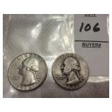 Two Washington Silver Quarters