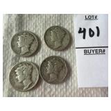 Four United States Mercury Dime