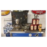 Brush nickel oil lamps, antique storage chest,