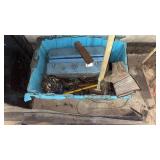 Bin of miscellaneous - vintage axe, hardware,