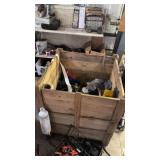 Wooden crate of metal saw blades, paints/fluids,