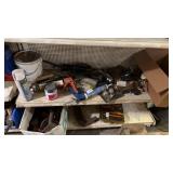 Shelf lot - caulk guns, heat gun, hardware, etc.