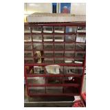 Red metal hardware cabinet