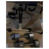 Portable pedal exerciser and two metal dumbbells