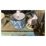 Vintage blue and white granite ware bucket with a