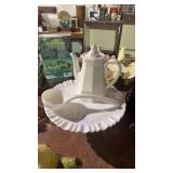 White Glass Cake Plate, Spoon and Teapot