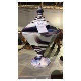 Octagonal art slag glass lidded and footed vessel
