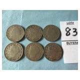 Six U.S. Liberty Head "V" Nickels
