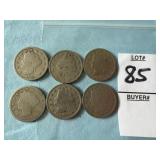 Six U.S. Liberty Head "V" Nickels
