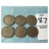 Six U.S. Liberty Head "V" Nickels
