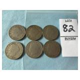 Six U.S. Liberty Head "V" Nickels