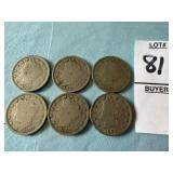 Six U.S. Liberty Head "V" Nickels