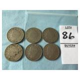 Six U.S. Liberty Head "V" Nickels